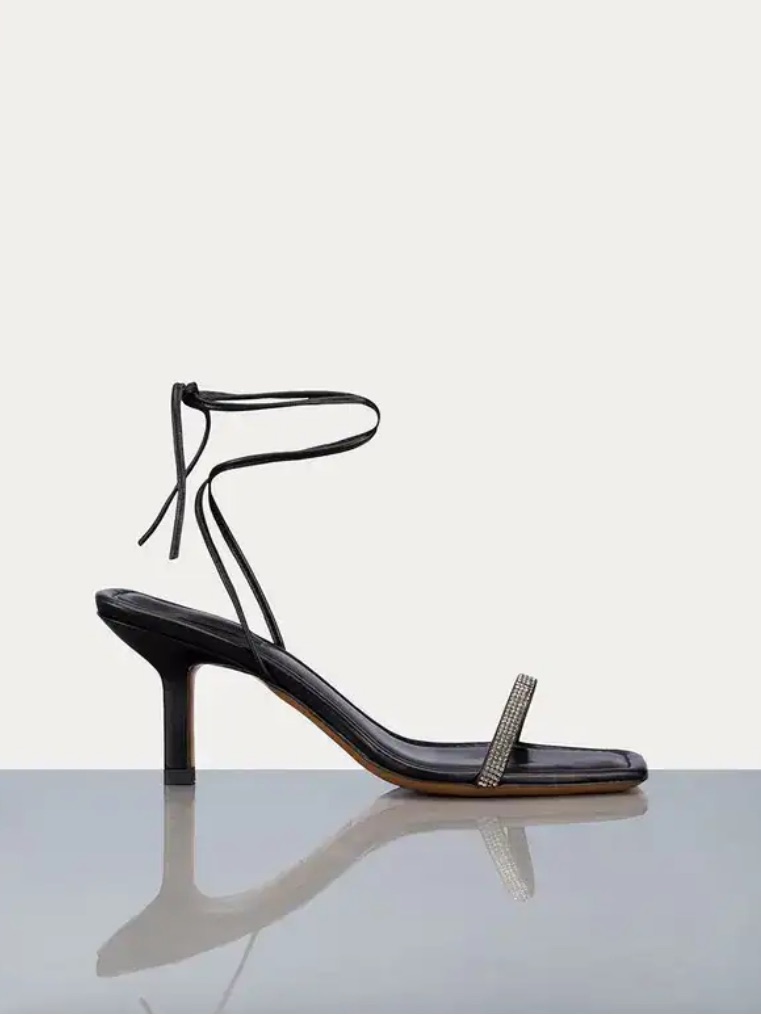 Frame Black Lace-Up Mid Heel Sandal With Rhinestone Strap, 37.5